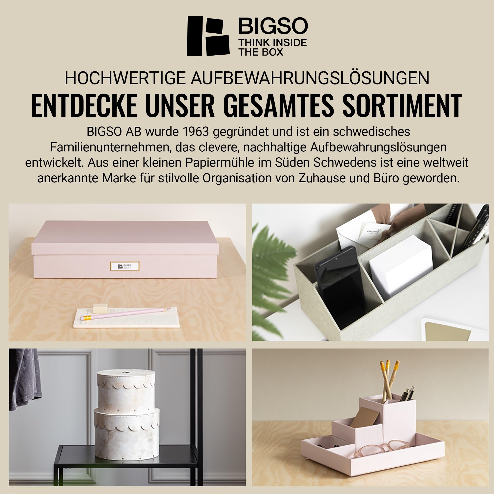Bigso Box of Sweden Caja archivadora con tapa – Elegante organizador de documentos con 8 carpetas colgantes – Caja clasificadora de tablero de fibras y papel con elegante aspecto de lino – beige