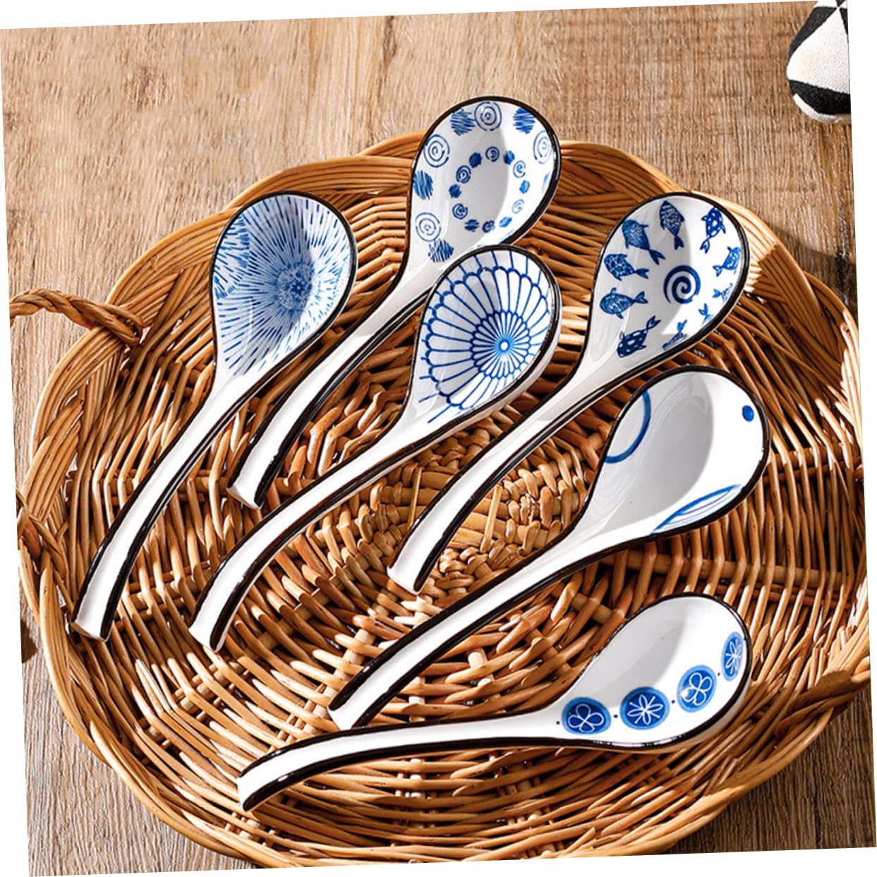 Cuillère à Soupe Chinoise en Céramique Bleu et Blanc, Lot de 6
