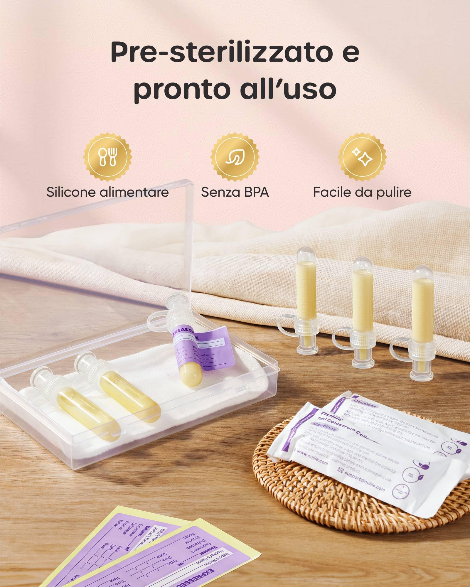 Nuliie Kit di raccolta colostro 7 ml/12 pezzi, a prova di perdite, riutilizzabile, resistente al calore e al congelatore, senza BPA, con panno di cotone, custodia, spazzola per la pulizia, pronto