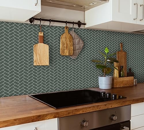 Home Kitchen Backsplash - Azulejos de ladrillo de espiga verde para despegar y pegar, adhesivo autoadhesivo para pared, decoración extraíble, mural