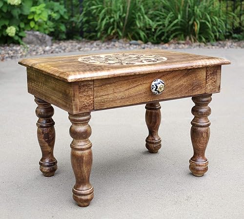 Miniatura 7 de DharmaObjects Mesa de meditación de altar de altar de oración tallada a mano de madera maciza de mango (OM)