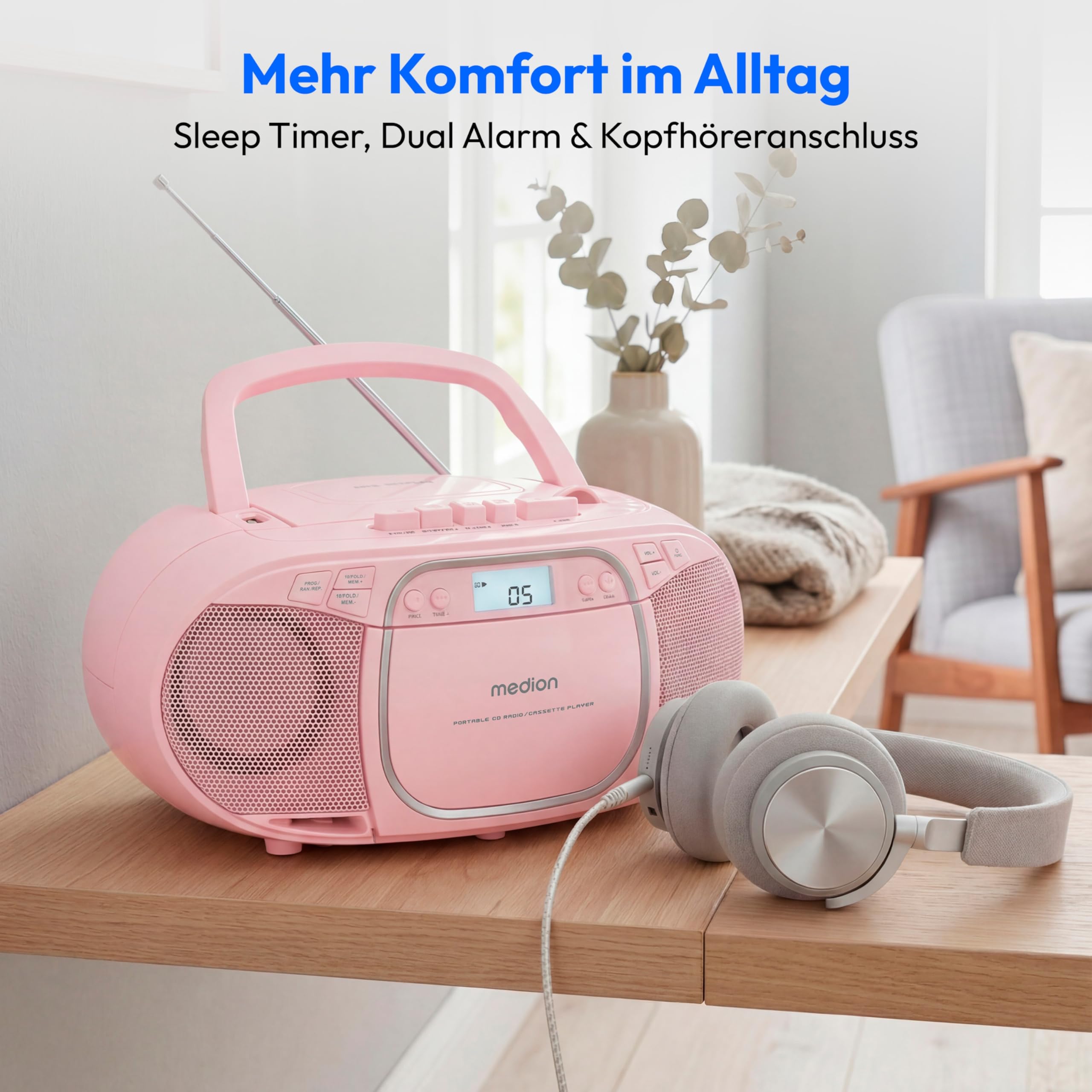 MEDION E66476 Stereo Sound System (Boombox, CD-Player, MP3, Kassette, tragbarer Kassettenspieler für Kinder, UKW Radio, AUX, Kopfhörer, Netz & Batterie) Pink