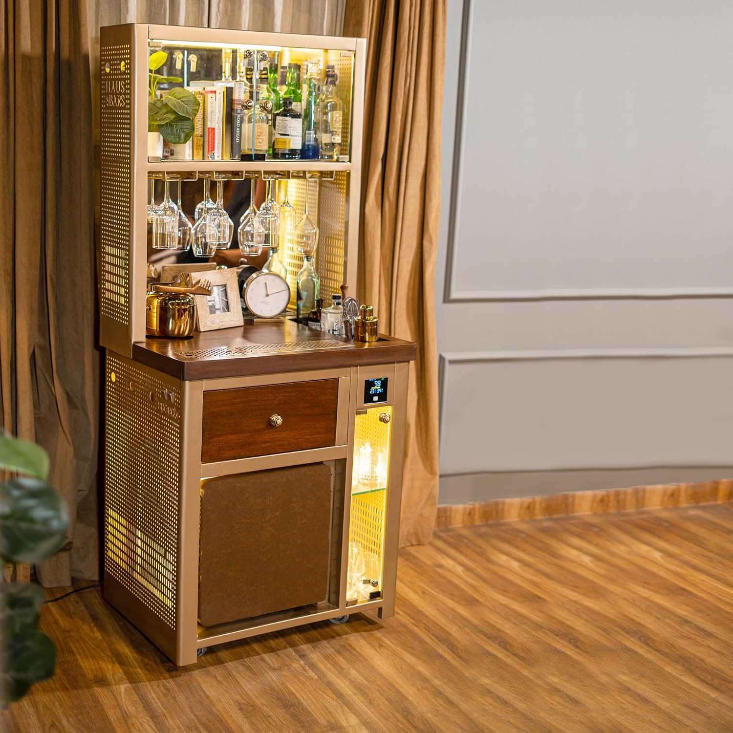 HAUS OF BARS Model V Premium Smart Home Bar Cabinet with Built in Fridge (Gold Lattice Stainless Steel)