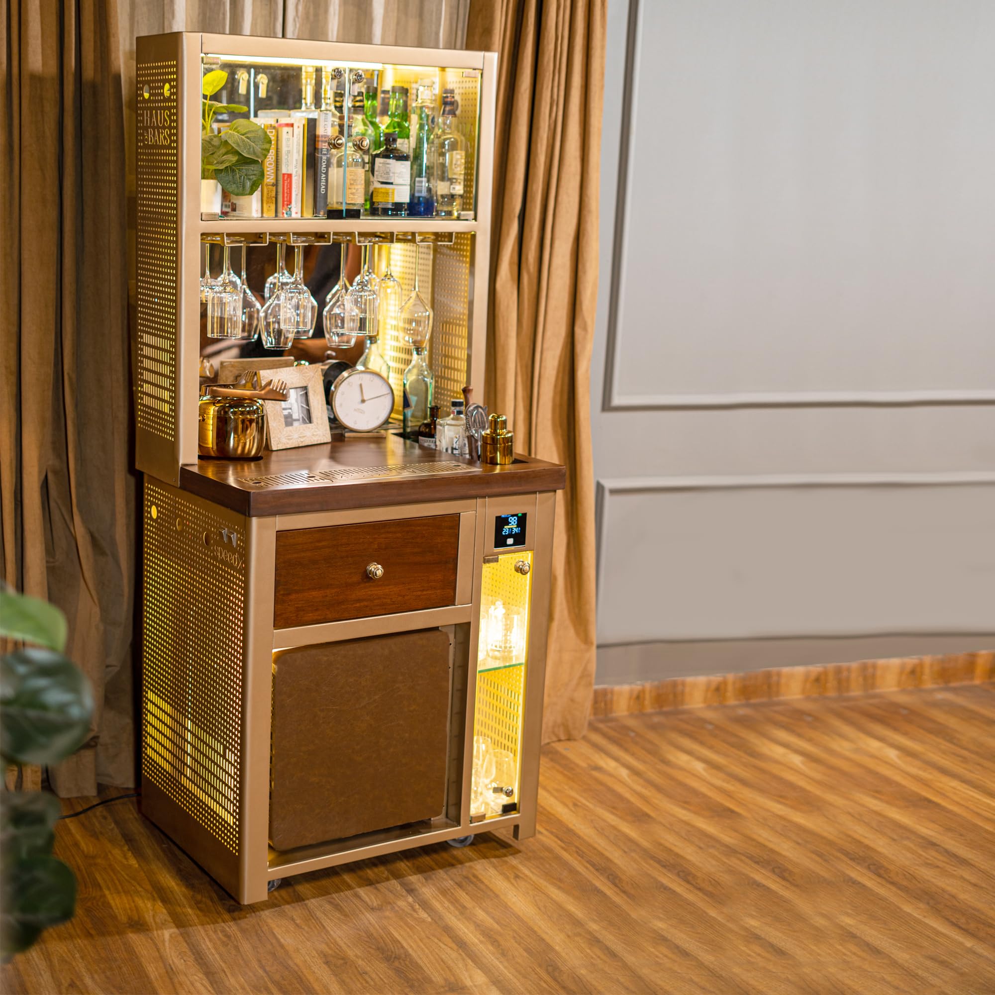 HAUS OF BARS by SpeedX Model V Premium Smart Bar � Luxe Gold Lattice, 30L Thermoelectric Fridge, LED Display, Speaker, USB/Type C Ports, AQI Monitor, Temp & Humidity Sensors, Glass Display Cabinet-image-25