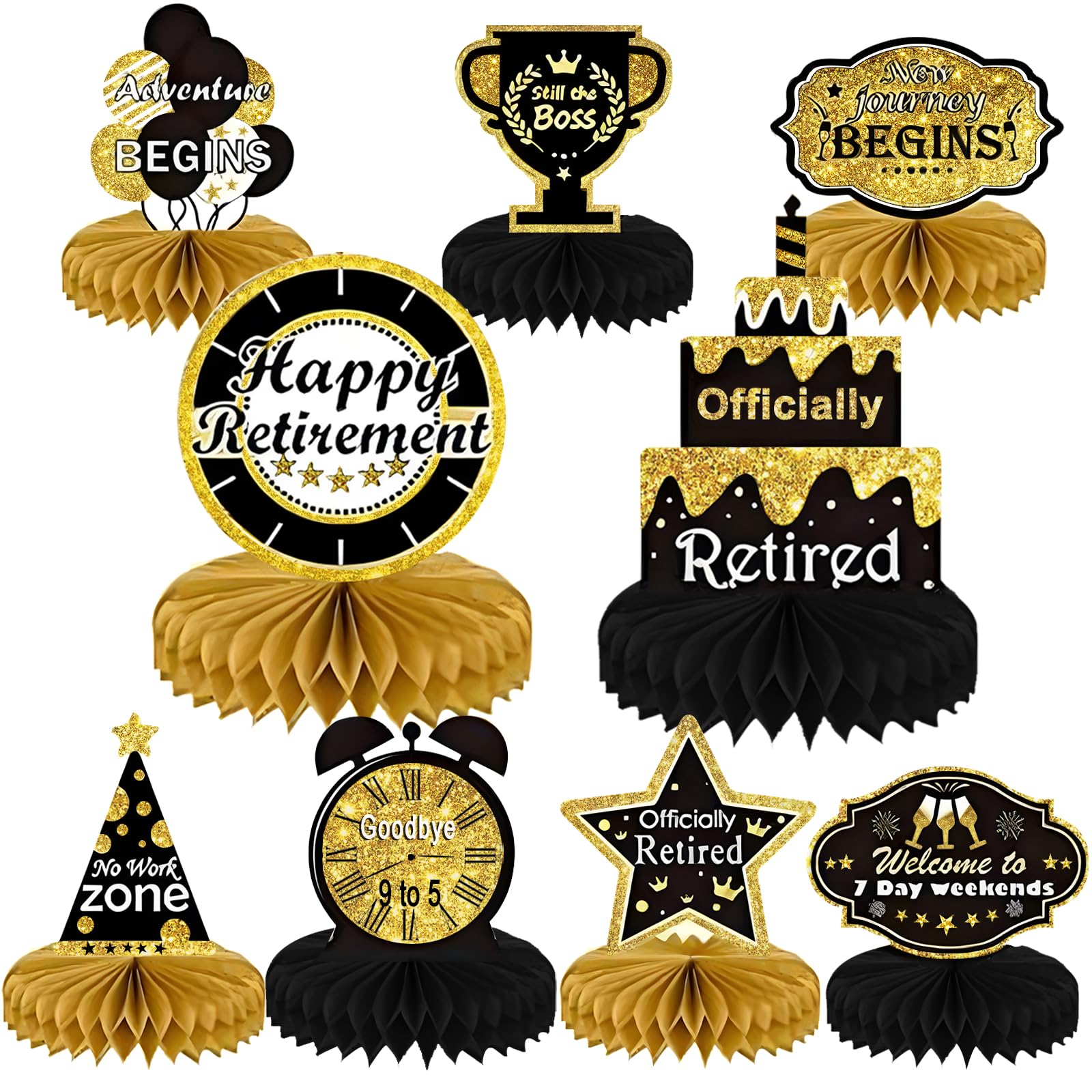 9PCS Retirement Party Decorations, KSKSPE Retirement Centerpieces for Table,Black and Gold Retirement Table Decorations, Retirement Decor for Retirement Party Retirement Party Supplies Men and Women