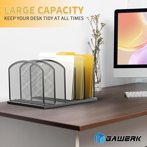Miniatura 6 de Organizador de archivos de escritorio de gran tamaño, soporte vertical de malla metálica, organizador de archivos de 5 secciones para escritorio,