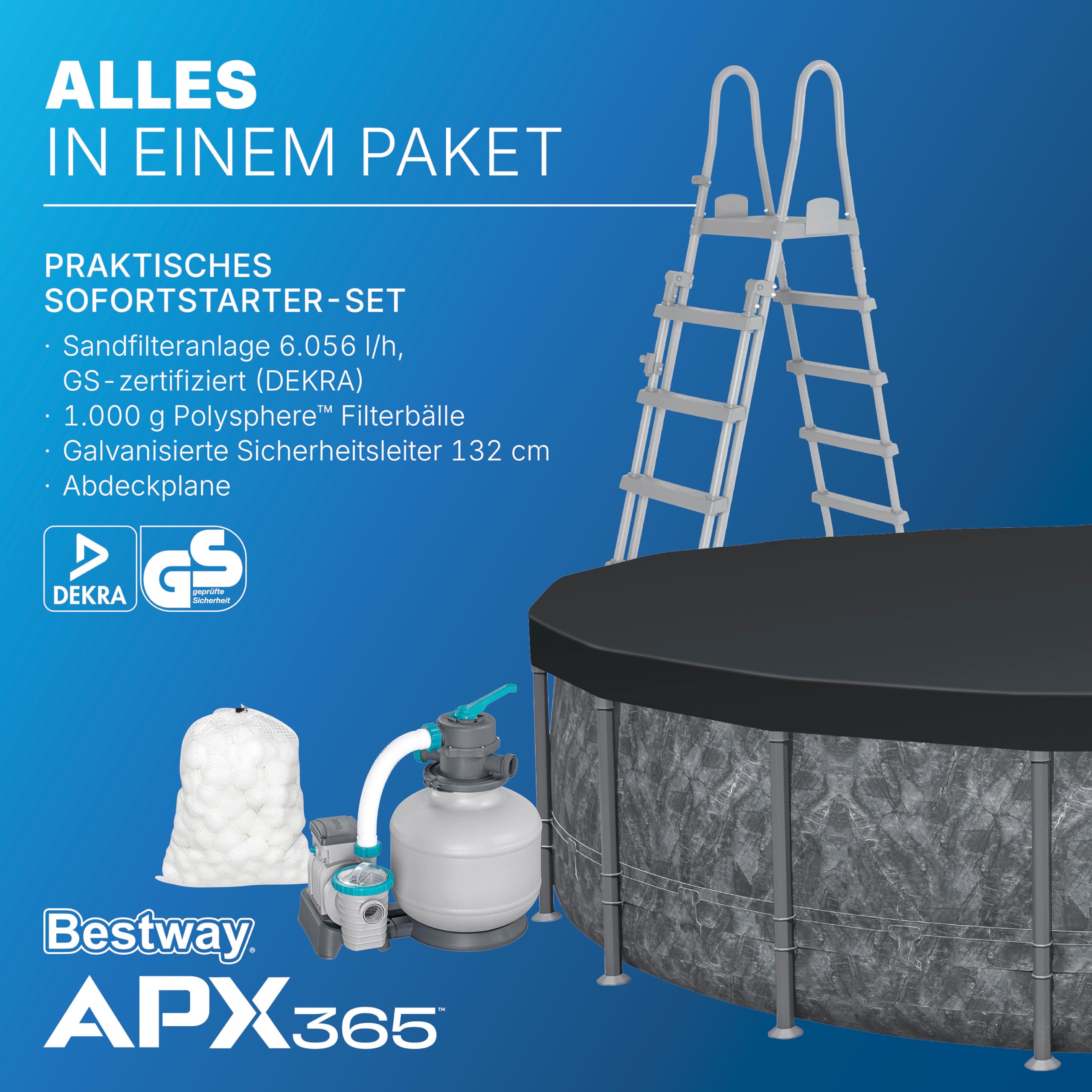 Bestway APX365 Winterfestes Frame Pool Set, Ø 549 x 132 cm, 26.000 L, Sandfilteranlage, Marmor-Optik, Ganzjahresschutz, Kein Abbau nötig, Werkzeugloser Aufbau, Sicherheitsleiter, Abdeckplane