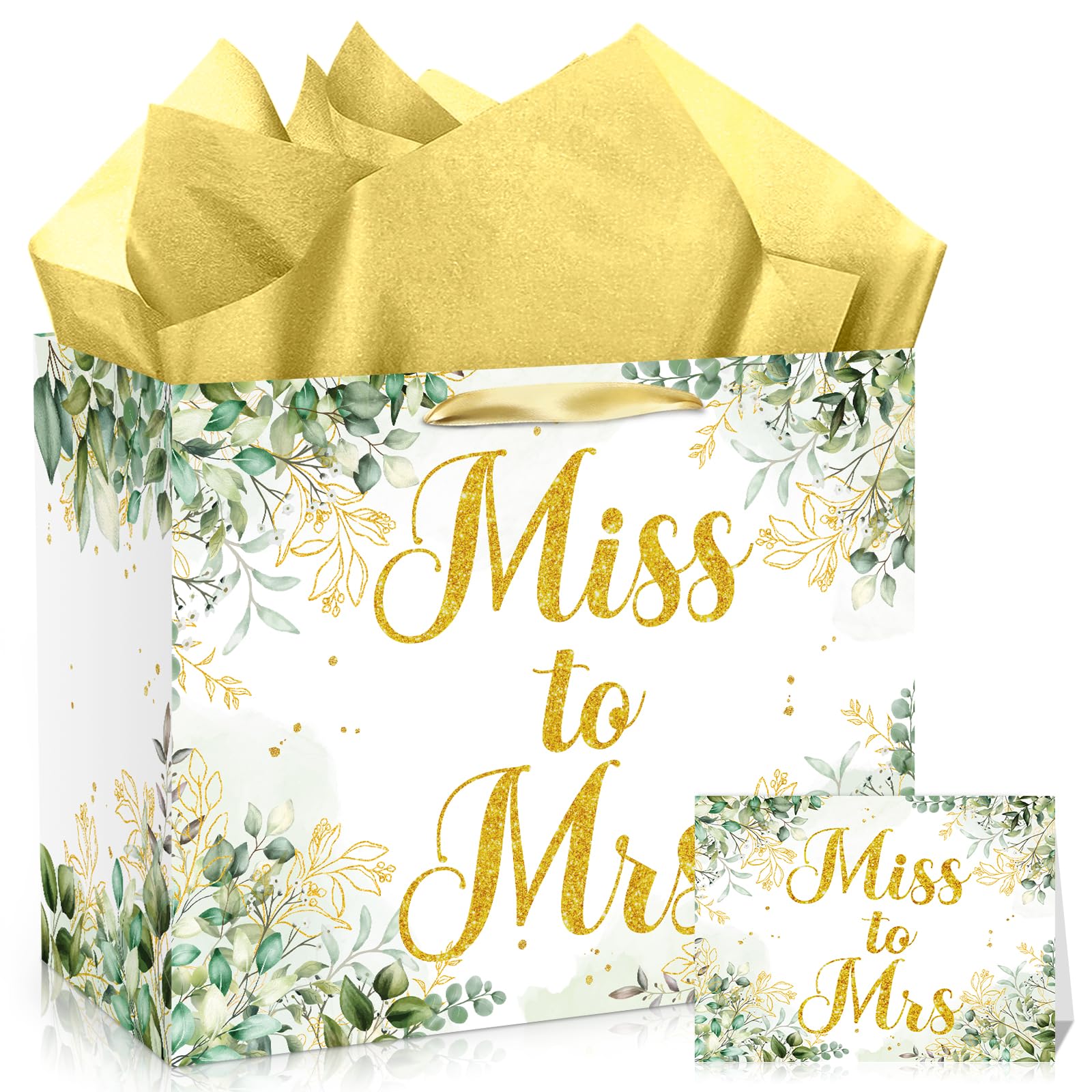 TagreSpike Sage Green Miss to Mrs Engagement Gift Bag with Tissue and Card, Eucalyptus Pattern, 11.8x9.4x5.3 inches, Perfect for Engagement Party,