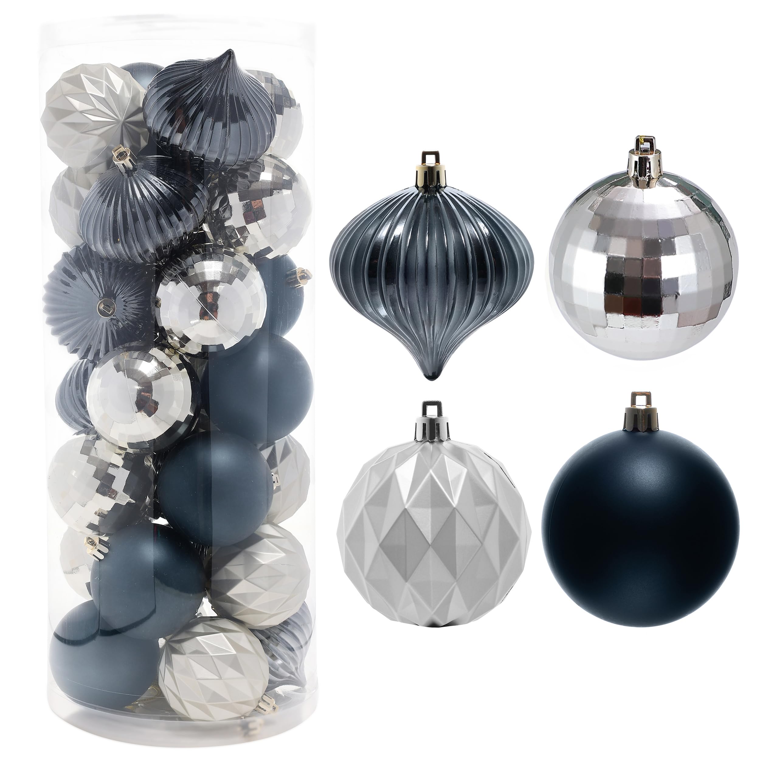 AmoocaChristmas Balls Ornaments, 28pc 2.8in Shatterproof Matte Shiny Baubles Set Multi-Shape Xmas Tree Pendants Holiday Party Balls Decoration Blue-Black Silver