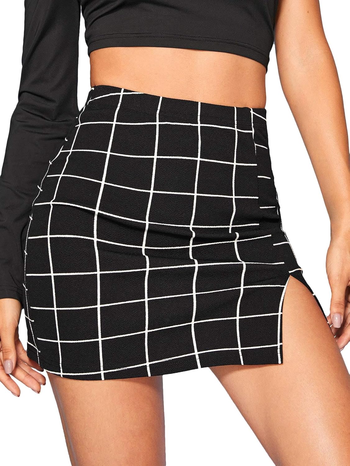Floerns Women's Casual Split Hem High Waisted Mini Bodycon Plaid Skirt X-Large A Black
