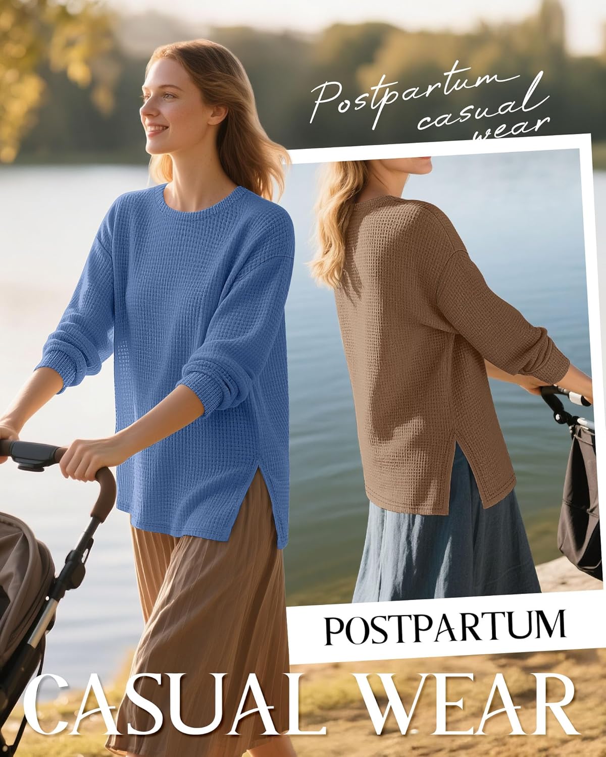 3 Pack Women's Maternity Shirts Long Sleeve Waffle Knit Side Split Oversized Tops Pregnancy Clothes Fall Tees - Image 5