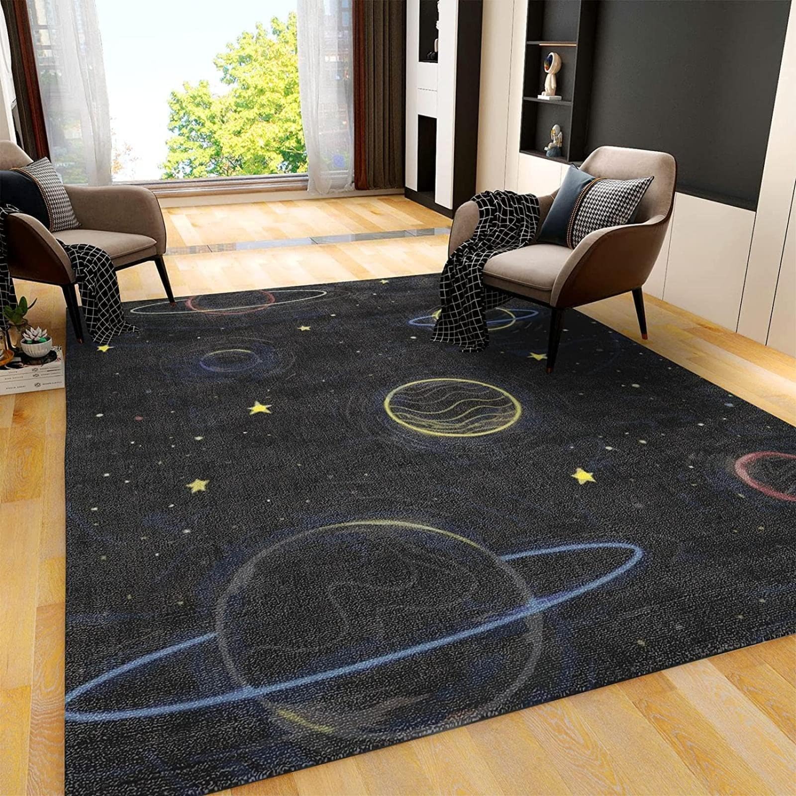 Żółta gwiazda wszechświat planeta antypoślizgowy dywan dziecięcy do sypialni salonu 150 x 200 cm