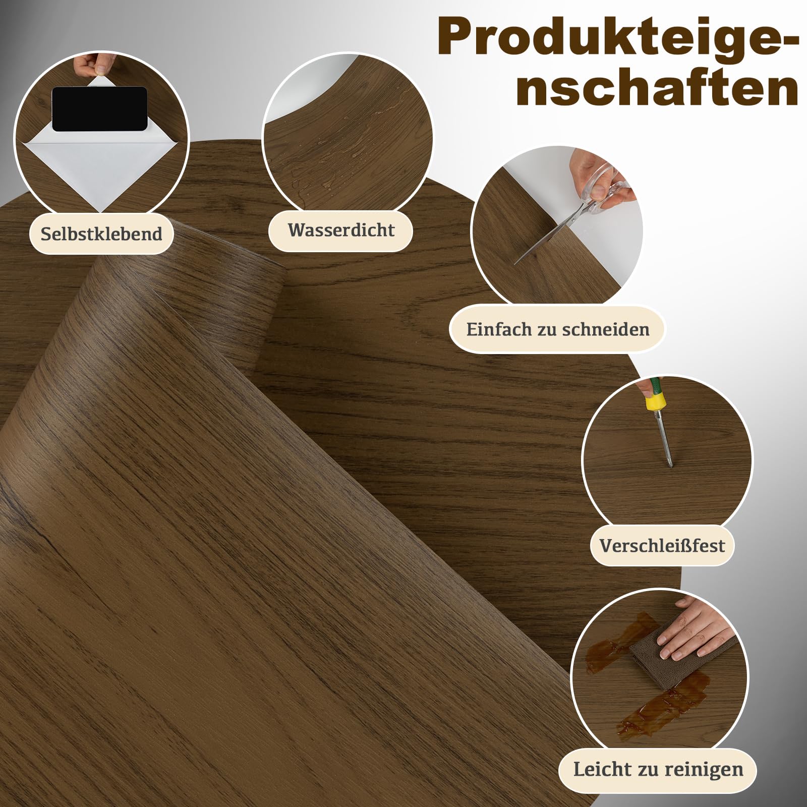 Vinylboden Selbstklebend, PVC Bodenbelag Selbstklebend, Vinyl Holzoptik Bodenaufkleber, Wasserdicht Verschleißfest Meterware für Küche Wohnzimmer Badezimmer Braun 30X300cm