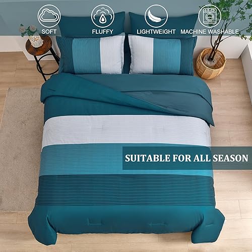 Miniatura 2 de Juego de edredón tamaño Queen de color azul verdoso, juego de cama suave a rayas azules en una bolsa, juego de ropa de cama suave para todas las