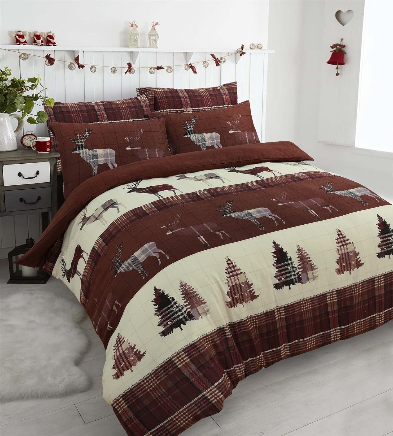 L S U XMAS Stag Tartan Thermal Flannel Duvet Cover Set Brushed Cotton