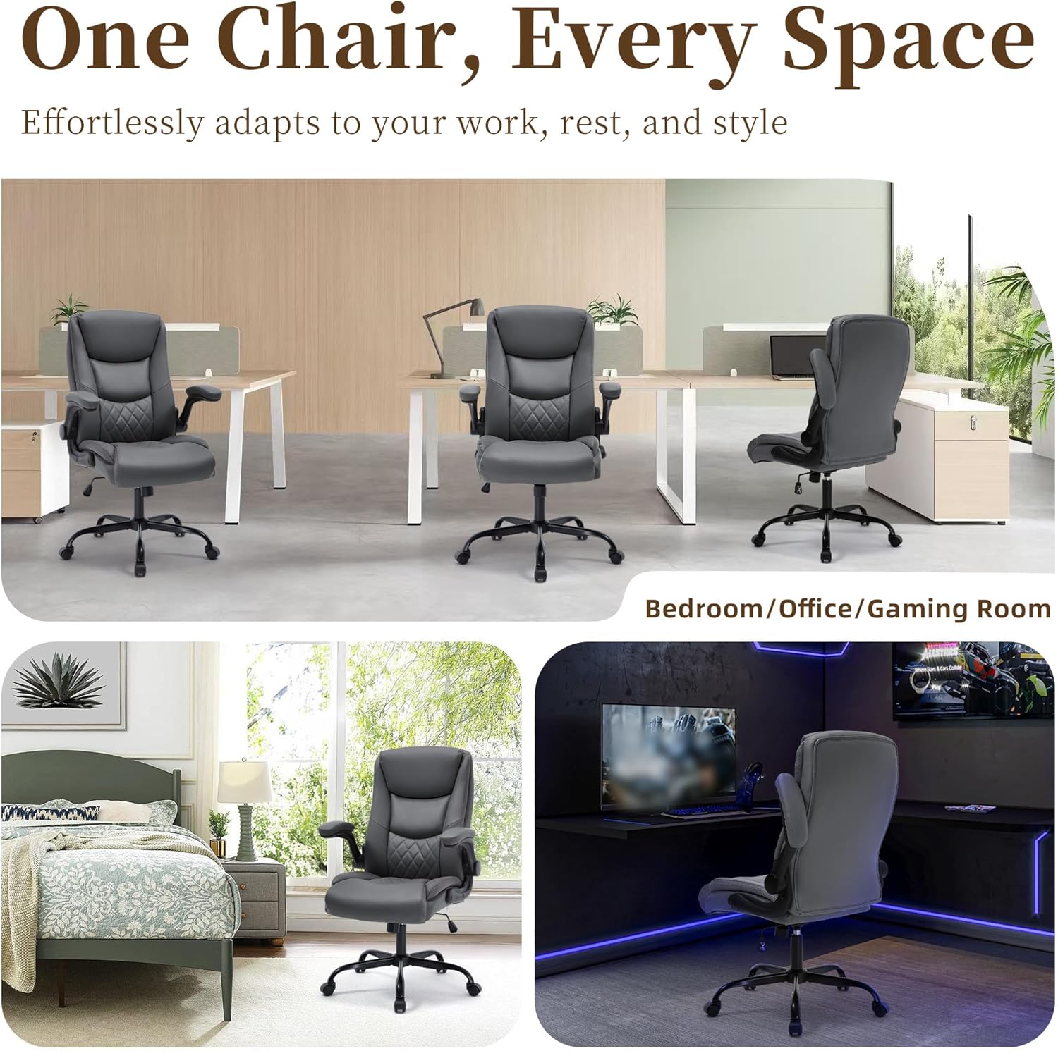 Office Chair, Executive Leather Office Chair with Lumbar Support & Flip-up Armrests, Ergonomic Adjustable High Back Swivel Chair with Rocking Function (Grey) - Image 8