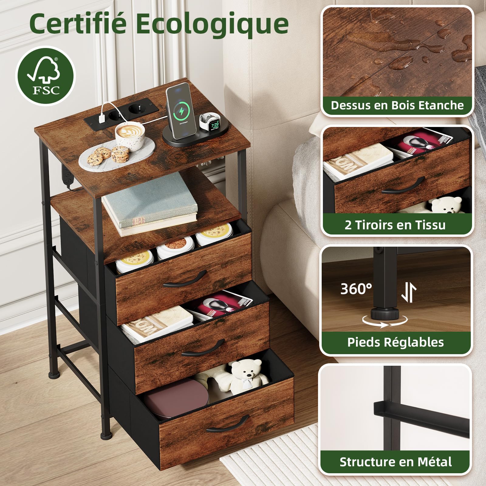 Somdot Table de Chevet Connectée, Table de Nuit LED par APP avec Station de Charge, Rangement Moderne 10,4 kg pour Chambre à Coucher Salon, 30P x 40l x 72H (3 Tiroirs), Imprimé Grain de Bois, Lot de 2