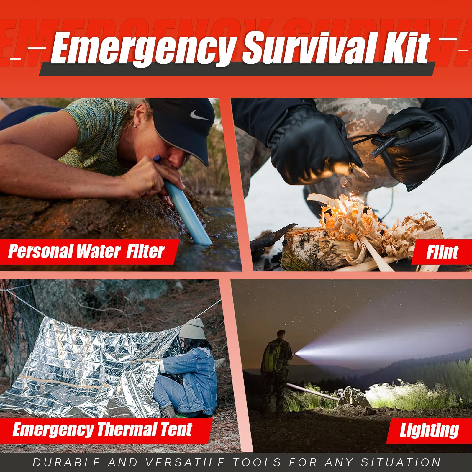 Gemmac Kit de Survie Complète, 218 en 1 Multifonctionnel Trousse de Secours avoir Boussole Filtre Eau Sifflet Survie Pierre a Feu Couverture Torche LED Survival Kit Randonnée Peche Camping Accessoires