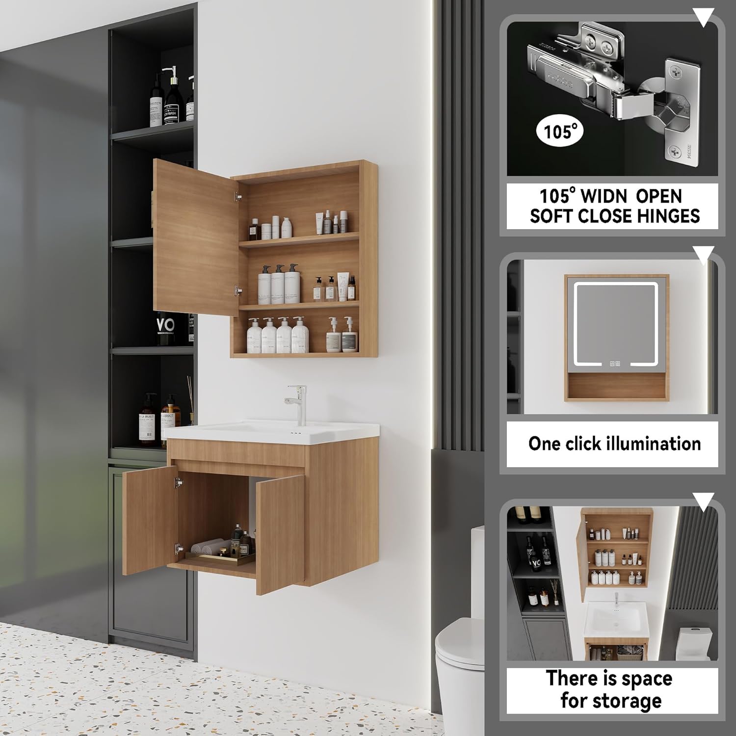 28'' Bathroom Vanity with Ceramic Sink Combo and Medicine Cabinet Mirror with Led Light/Defog, Wall Mounted Small Bathroom Vanity with Soft-Close Door Modern Floating Cabinet, Walnut(No Faucet)