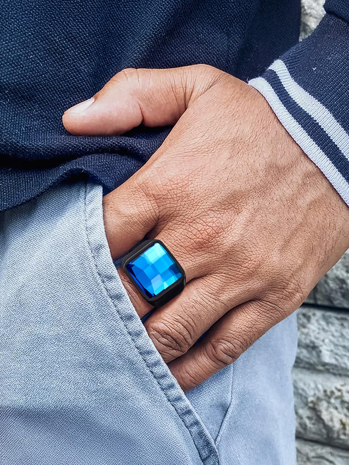 U7 Anello Uomo con Pietra Zaffiro Blu Quadrata da 8mm Acciaio Inossidabile Anello con Pietra in Cristallo Creato Taglia 14,5 Regalo per Uomo e Ragazzo