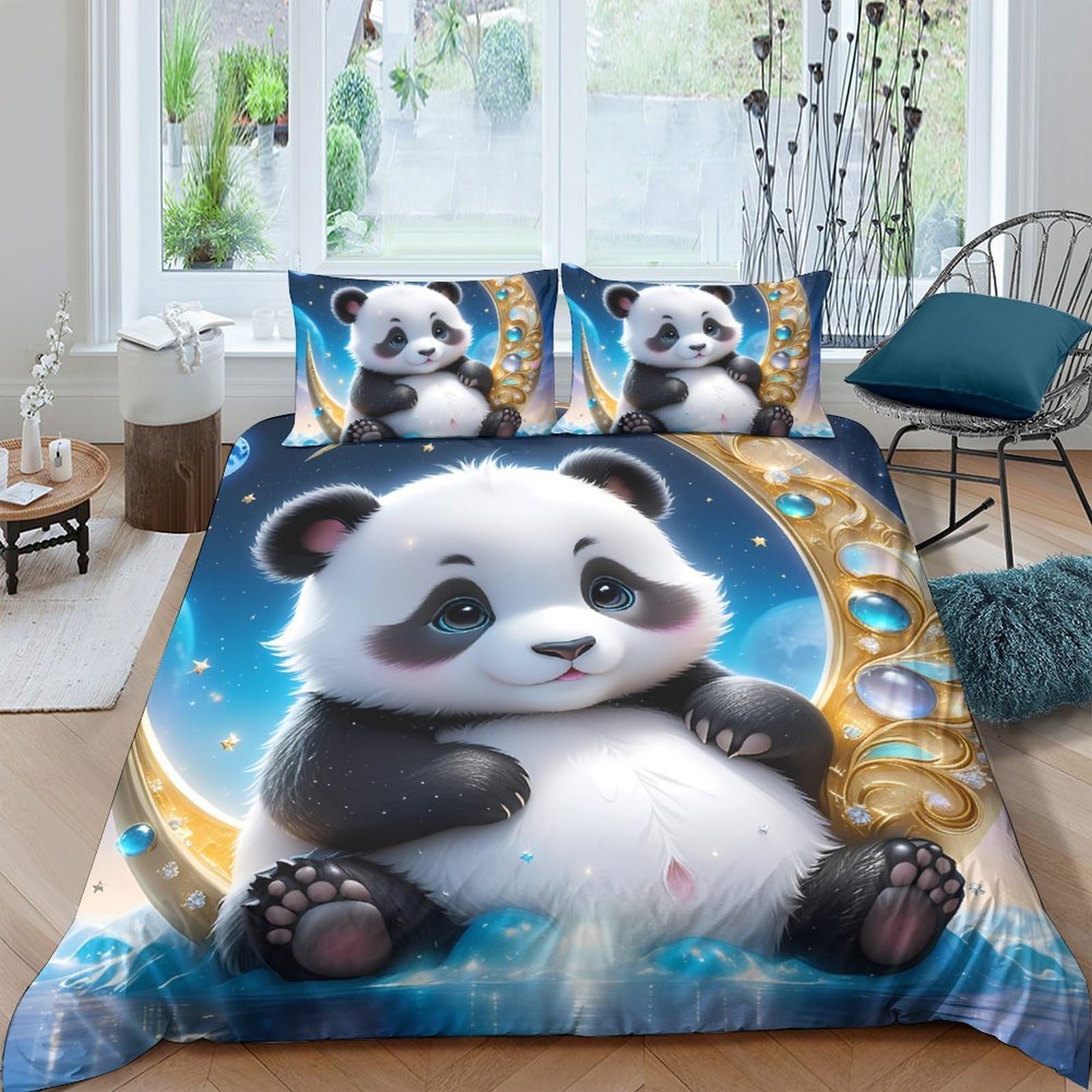 Ctjqhvkz Style-7 3D Printed Cute Panda Fitted Sheet Microfiber Soft Breathable Moon Bed Cover For Bedroom Guest Room Decor Single（135X200cm）