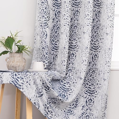 Miniatura 8 de KOUFALL Cortinas opacas bonitas con diseño, azul marino y gris blanco Ikat cortinas únicas para sala de estar, 63 pulgadas de largo