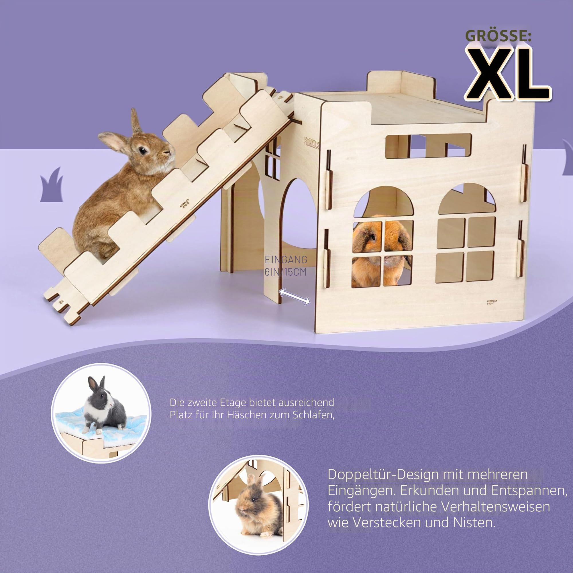 HIIMALEX 3 in 1 Geschenk für Hase Kaninchen Holzschloss mit Rampe, Plüschbett und Kollasiple Tunnel für Indoor Kaninchen Meerschweinchen Hamster Chinchilla Rennmaus Igel zum Spielen Verstecken und