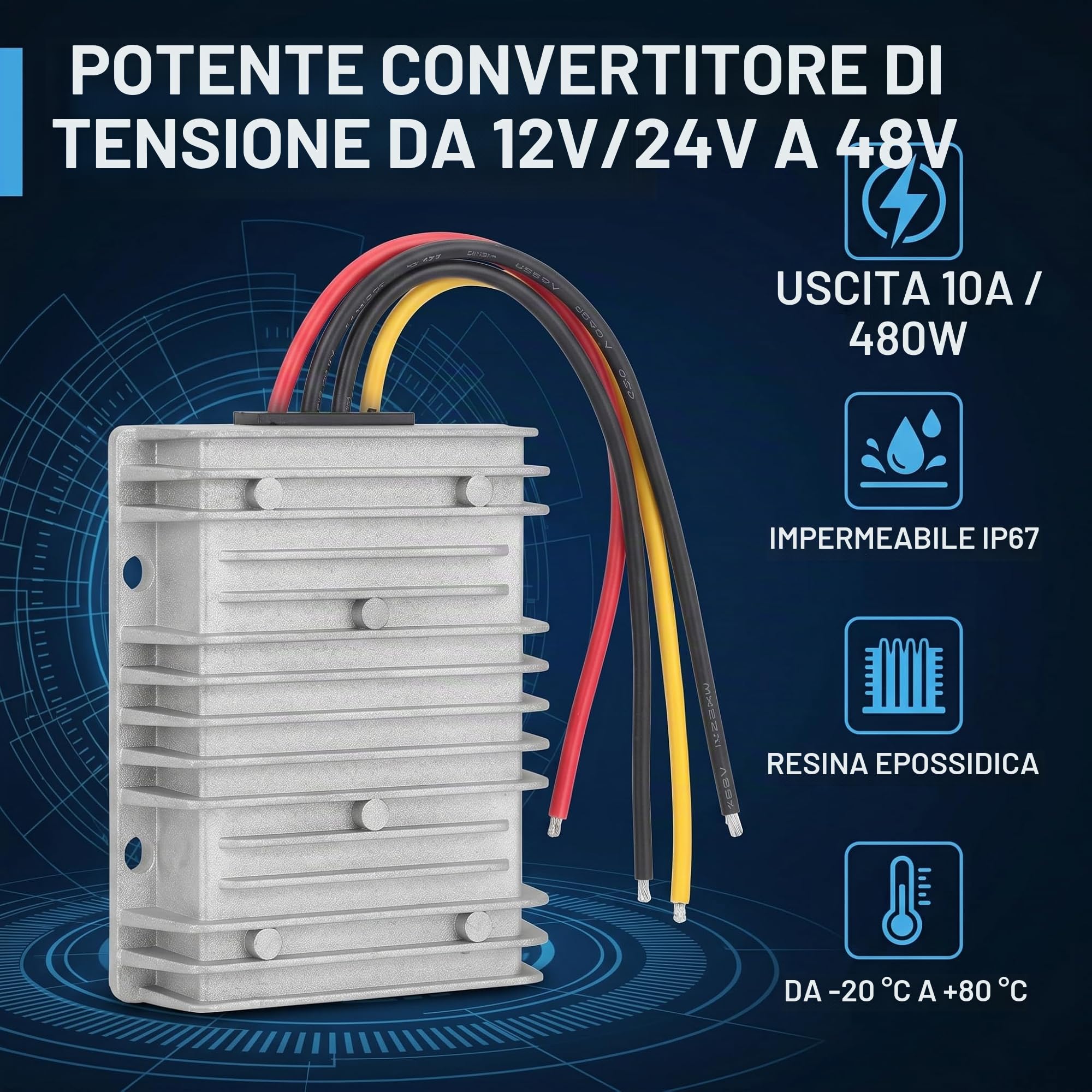 Convertitore DC-DC Step Up Boost, regolatore di tensione impermeabile ad alta potenza da 480 W, trasformatore da 12 V/24 V a 48 V/10 A per sistemi di sicurezza dei veicoli.