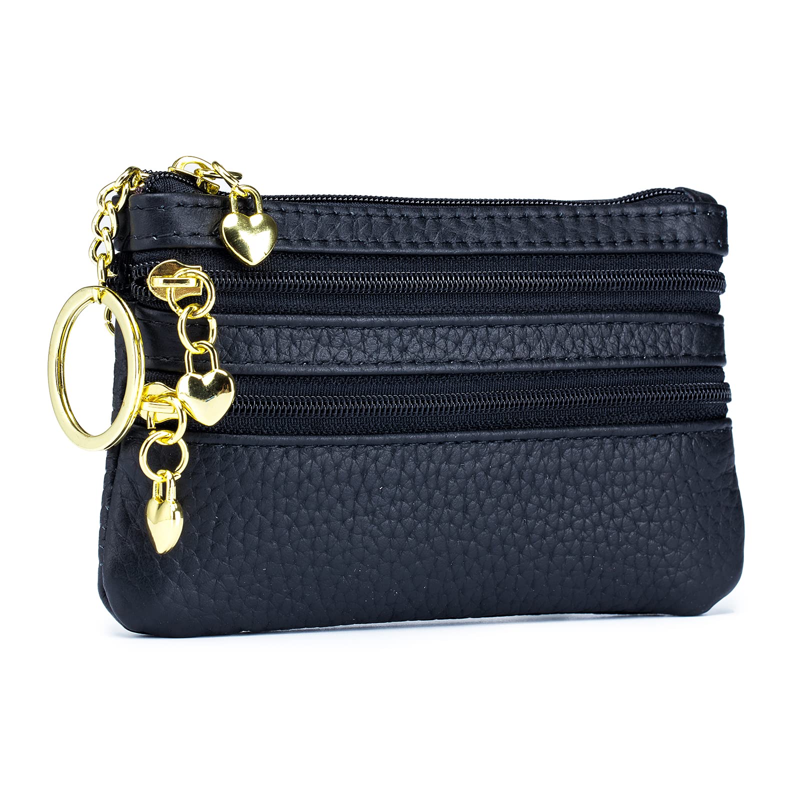imeetuWomen's Coin Purse, Genuine Leather Zipper Coin Pouch, Small Mini Change Wallet with Key Ring, Black, 5.1 x 3.35 x 0.59 inches, Coin Purse