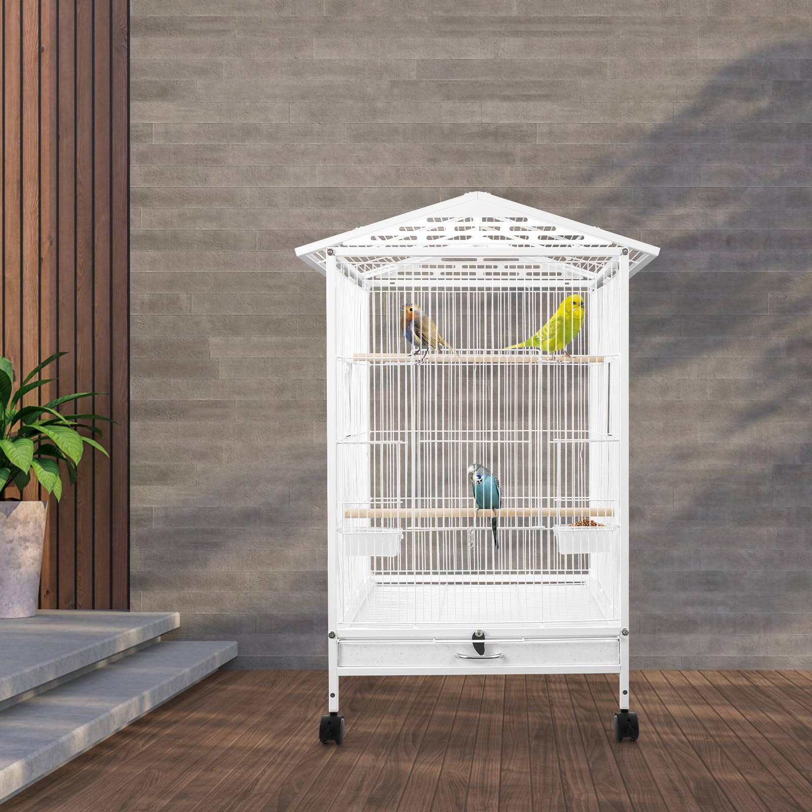 Gabbia per uccelli per pappagalli, 2 porte, voliera in metallo con ruote di trasporto, apertura verso l'alto, gabbia per uccelli con 3 posatoi, ciotola per mangime, vassoio, 46 x 46 x 86 cm (bianco)
