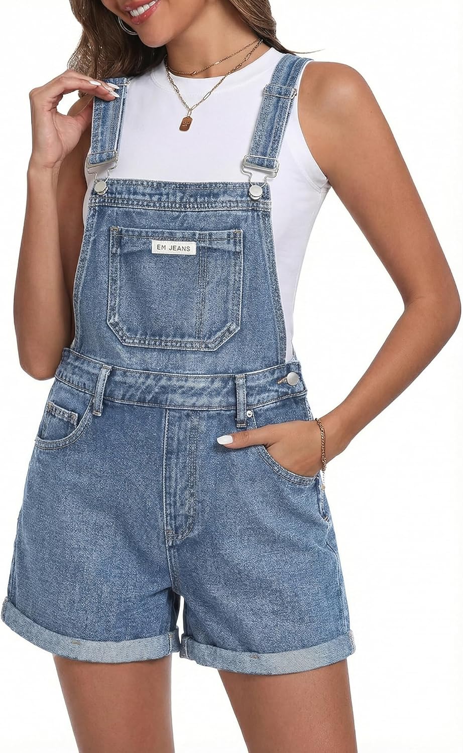 EMMIOL Denim Overalls Shorts for Women,Y2k Vintage Jean Shortalls 90s Style Bib Jumpsiut,Loose Fit Cuffed Hem Rompers