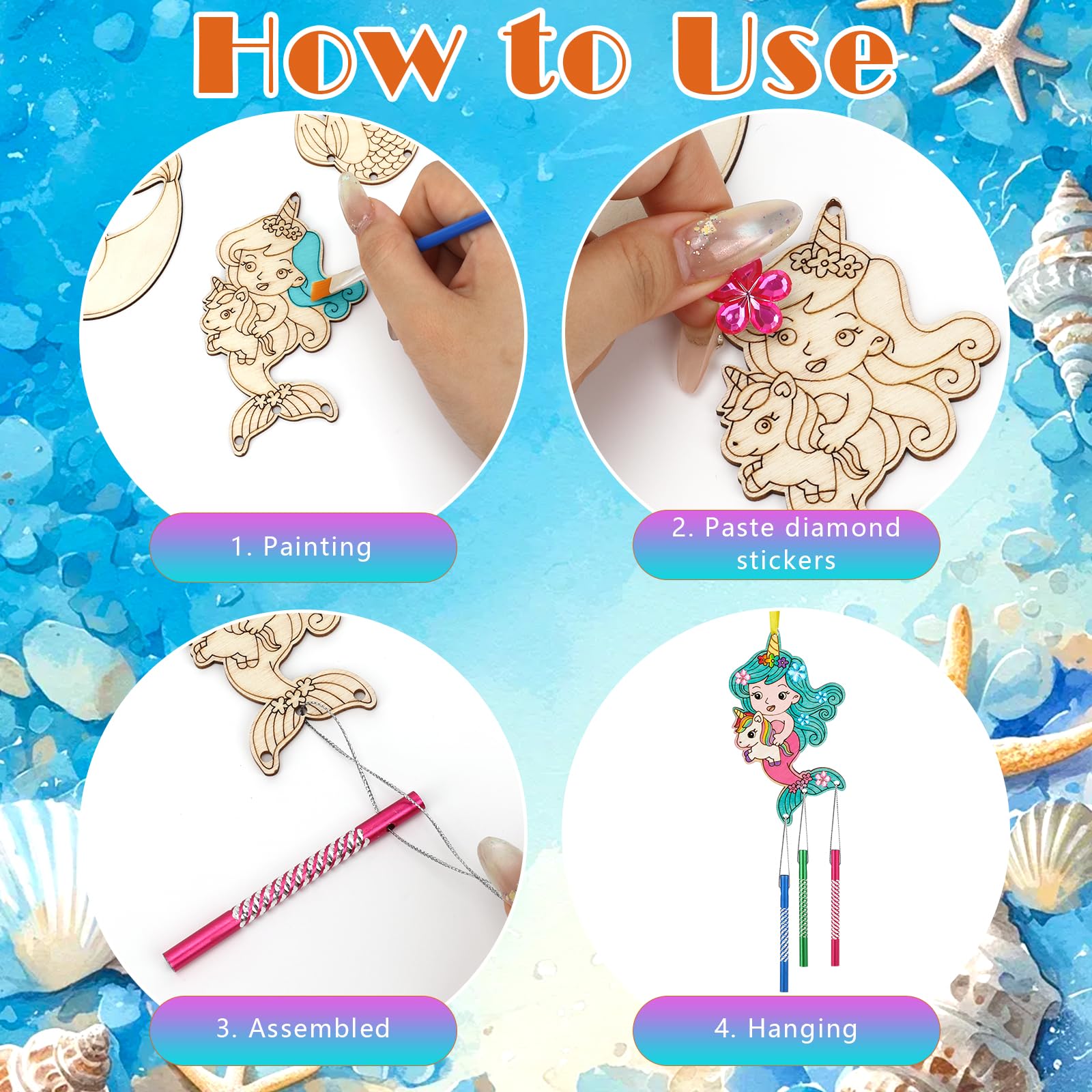 SRIZIAN 10piezas Sirena Manualidades para Niñas Kit de Manualidades de Campanillas de Viento de Madera de Sirena Regalos Manualidades Decoración para Fiestas Puertas y Jardines Bricolaje