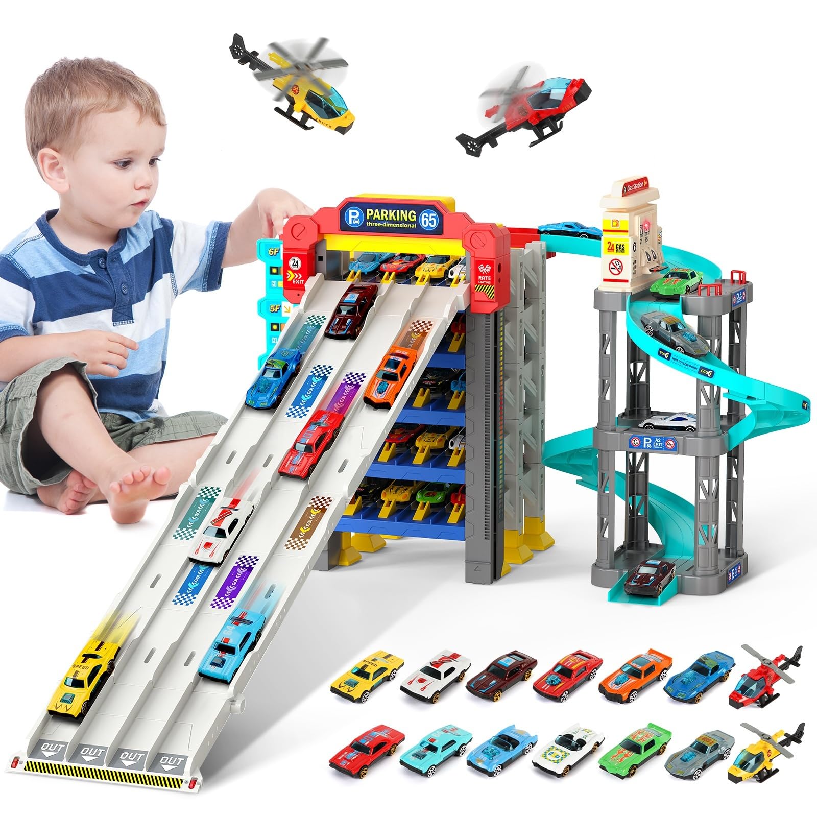 JONRRYIN Circuit Voiture Enfants, Piste de Course avec 5 Etages Garage, Jouet Circuit en Spirale pour Enfants 3+ Ans, 12 Voiture en Elliage et 2 Hélicoptère, Station-Service avec Pompes à Essence