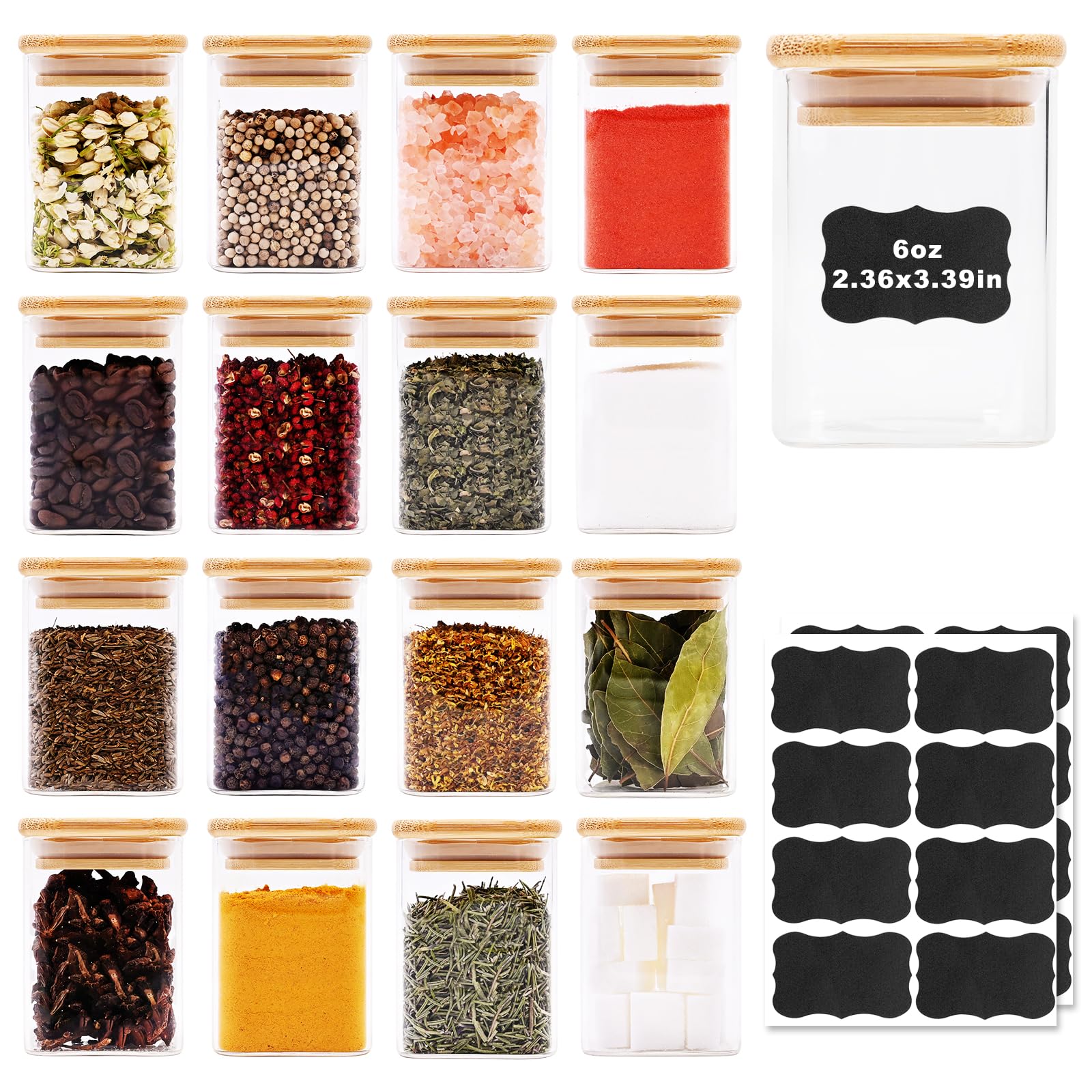 Tarros cuadrados de vidrio para almacenamiento de alimentos de 6 onzas, paquete de 16 tarros de vidrio con tapas de bambú, recipientes de almacenamiento de cocina de vidrio para especias, dulces,