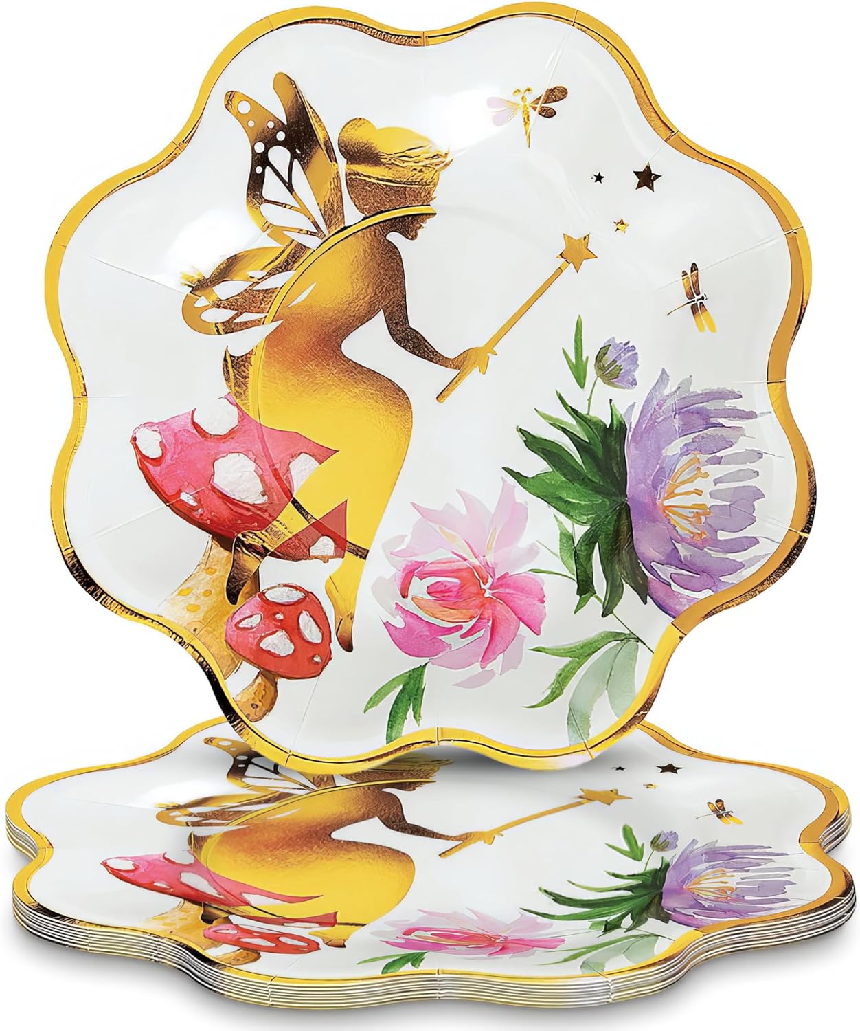 Fun Express Iridescent Fairy Scalloped Paper Dessert Plates - Floral & Gold Scalloped Paper Dessert Design for Weddings Baby Showers Garden Parties Picnics Anniversaries & Crafts - 8 Pieces