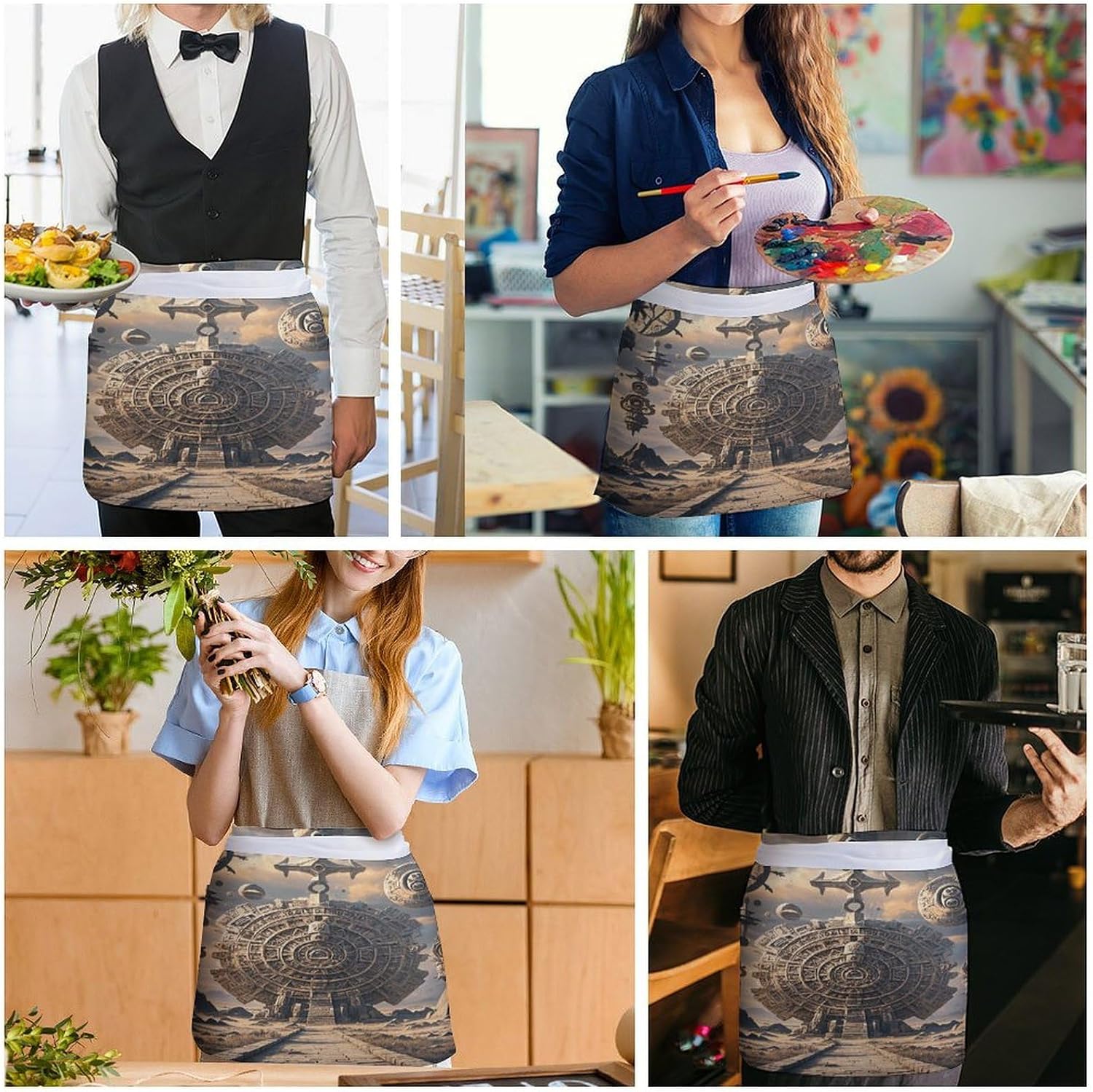 Mayan Calendar End of The World Server Aprons with 3 Pockets Durable Adjustable Half Aprons Fashion Oil&Waterproof Waist Apron Premium Oxford Cloth Chef Apron for Women And Men