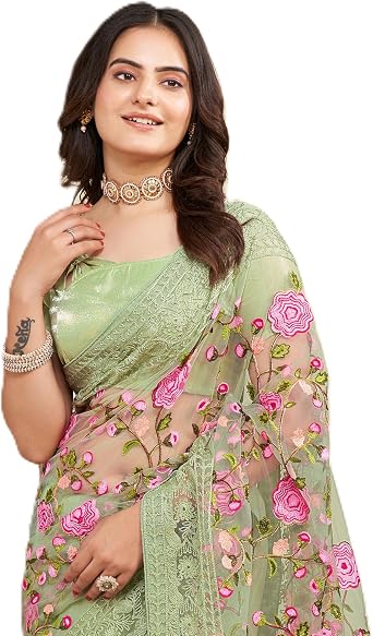 VAIRAGEE Women Sweet Lastest Georgette Embroidery Floral Pattern Elegant Saree With Unstitched Blouse 6079