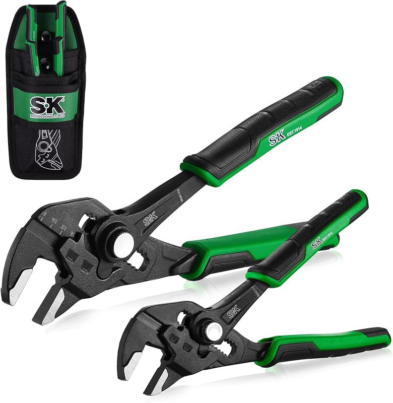 SK Pliers Wrench Set, Adjustable Parallel Smooth Jaw, 6-Inch & 7.5-Inch | 2-Piece Water Pump Pliers, Groove Joint Pliers, Premium CR-V Steel, Ergonomic Anti-slip Handle, with Pocket Tool Pouch