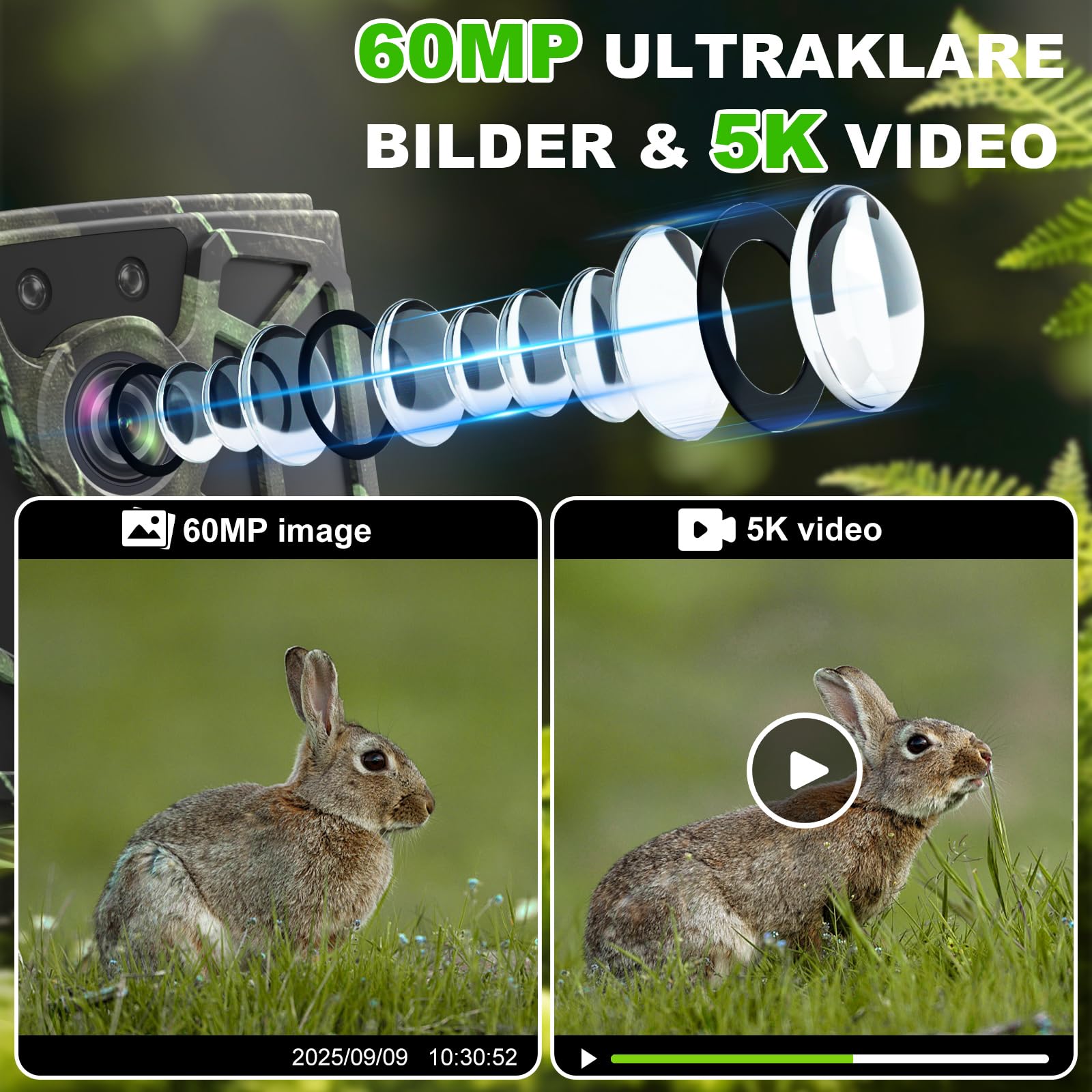 Wildkamera mit Handyübertragung App, 5K Video 60MP Full HD WLAN Bluetooth Wildtierkamera Nachtsicht Bewegungsmelder 0,1s Auslösezeit IP66 Wasserdicht 32GB Speicherkarte AA-Batterien