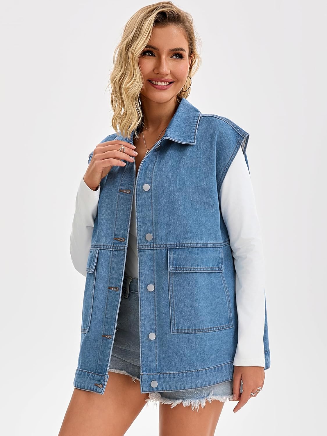 Womens Long Denim Vest Button Down Oversized Sleeveless Utility Jean Jacket - Image 2