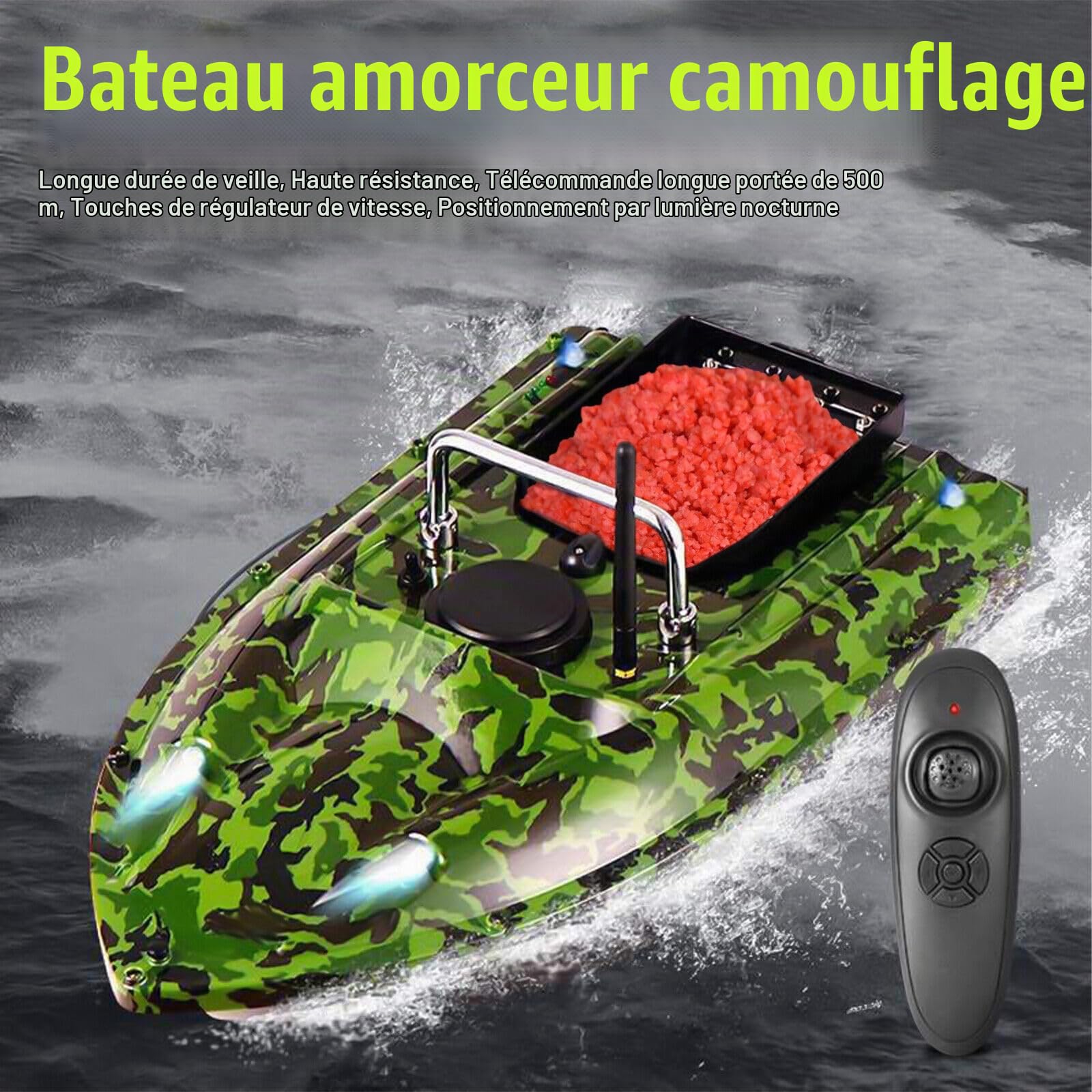 Bateau d'appât de pêche 500m Telecommandé sans Fil Pêche Bateau Amorceur avec Lumière LED avec 2 x Moteurs 1.5KG pour pêche de Nuit