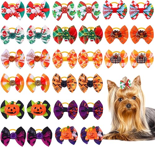 Yerliker 60 lazos para el pelo de perro de Acción de Gracias de Halloween con bandas de goma fuertes, lazos de Navidad para perros con perlas de
