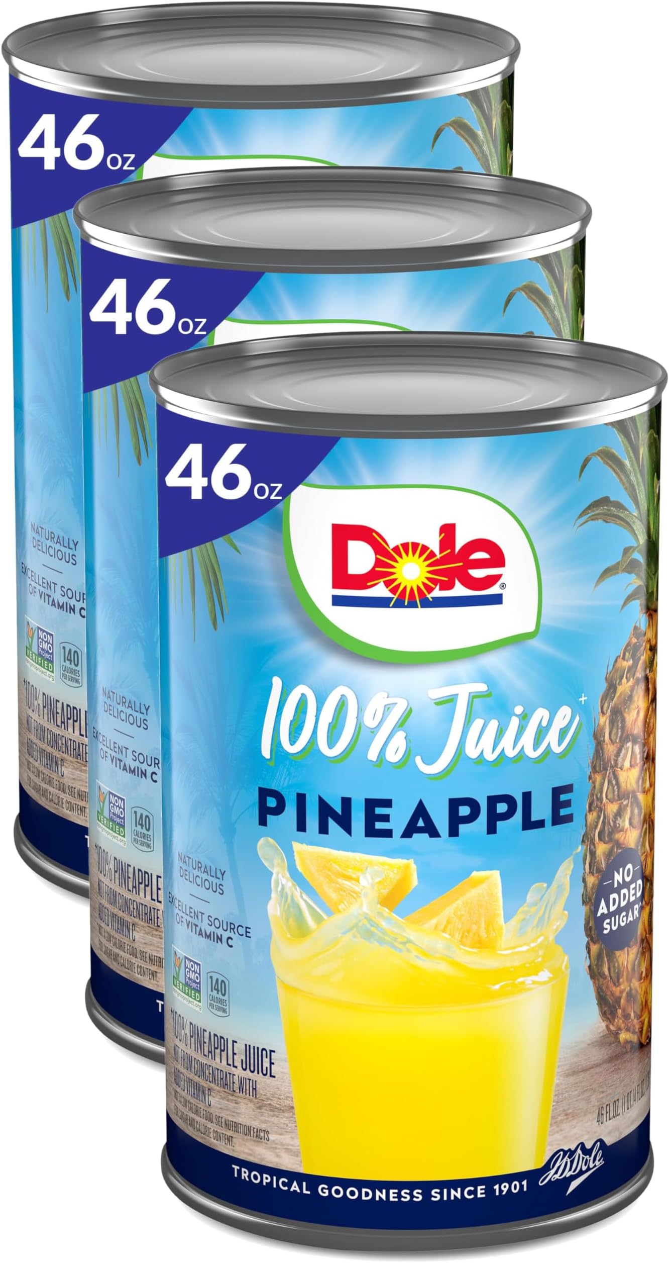 Dole100% Pineapple Juice, No Added Sugar, Excellent Source of Vitamin C, 100% Fruit Juice, 46 Fl Oz Can, Packaging May Vary (Pack of 3)