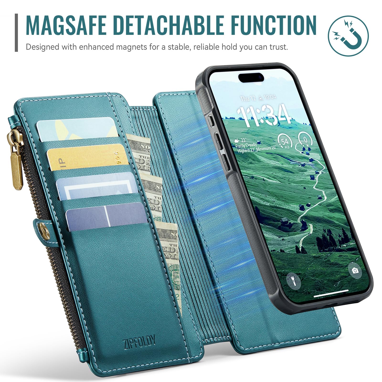 per iPhone 15 - Custodia a portafoglio magnetica staccabile | Compatibile con Magsafe, porta carte di credito con blocco RFID, tasca con cerniera, cinturino da polso