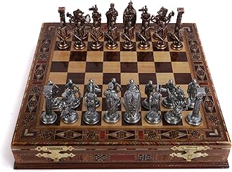 Royal Medieval British Army Antique Copper Metal Chess Set for Adults,Handmade Pieces and Natural Solid Wooden Chess Board with Storage Inside King 3.35inc