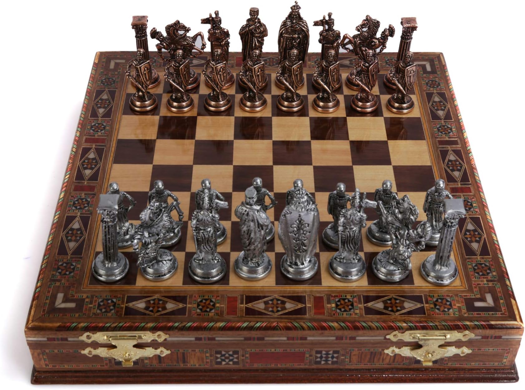 Royal Medieval British Army Antique Copper Metal Chess Set for Adults,Handmade Pieces and Natural Solid Wooden Chess Board with Storage Inside King 3.35inc