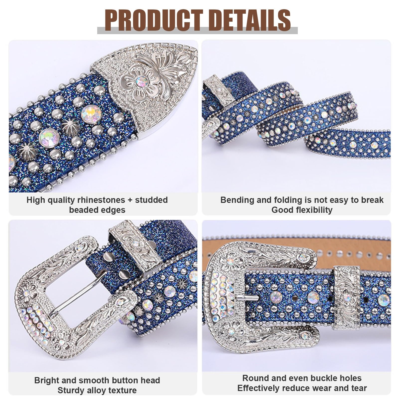 Mężczyźni Kobiety Rhinestone Belt, Studded Rhinestone Belts, Western Studded Leather Belts, Y2K Leather Belt Western Cowgirl Cowboy Studded Diamond Belt for Jeans(E,105cm)