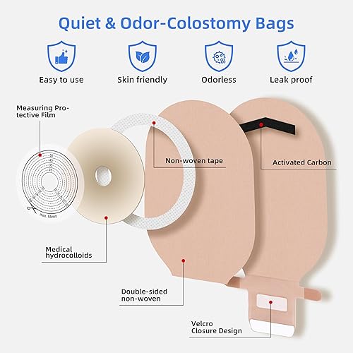 Miniatura 2 de 20 bolsas de colostomía, suministros de ostomía para el cuidado del estoma de ileostomía, bolsas de una pieza para ostomía con cierre de gancho y