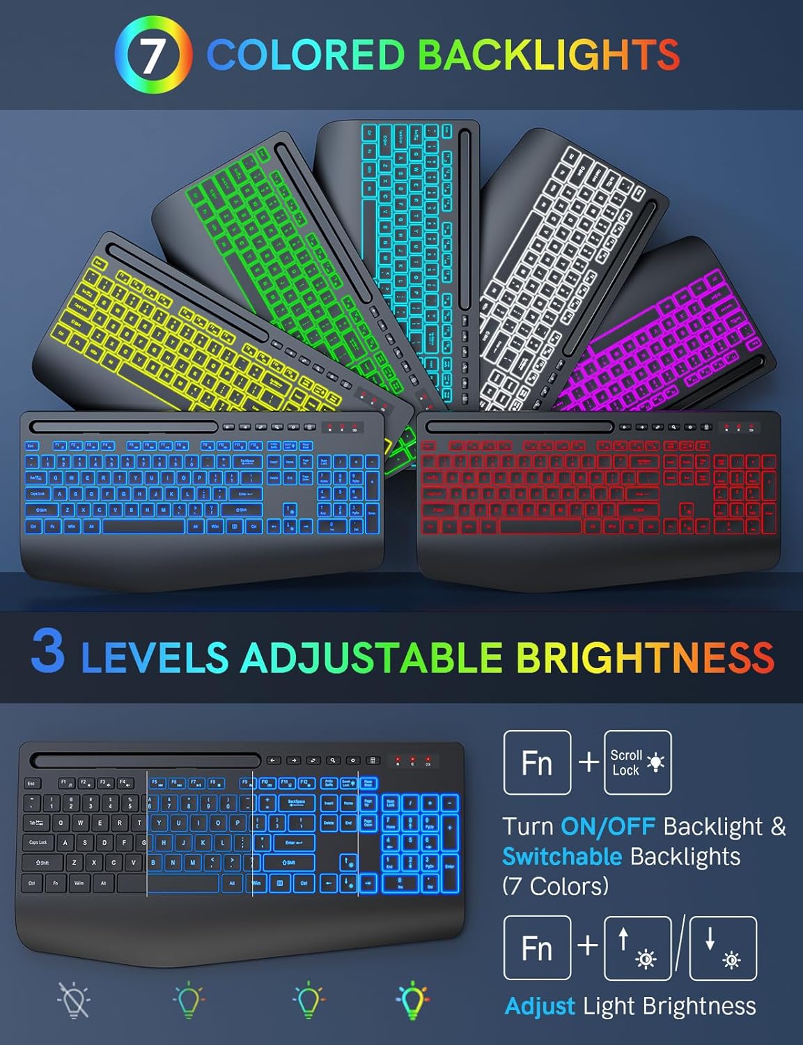 Trueque Wireless Keyboard showing 7 colored backlights