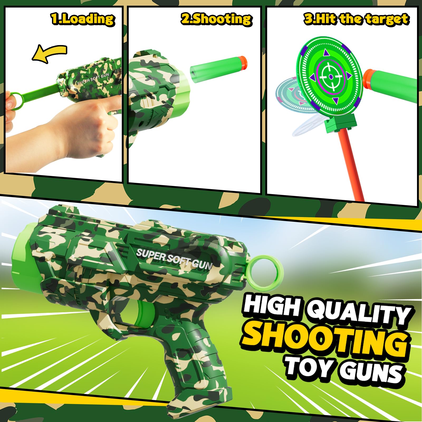 DX DA XIN Giochi di Tiro 4 5 6 7 8 9 10 + Anni Giocattoli per Bambini con 104cm Rotanti Bersagli 2 Pistole Giocattolo Mimetiche 20 Freccette in Schiuma per Nerf Regali Natale per Ragazzi